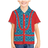 Blue Turkish Traditional Pattern and Red Family Matching Mermaid Dress and Hawaiian Shirt with National Flag Emblem