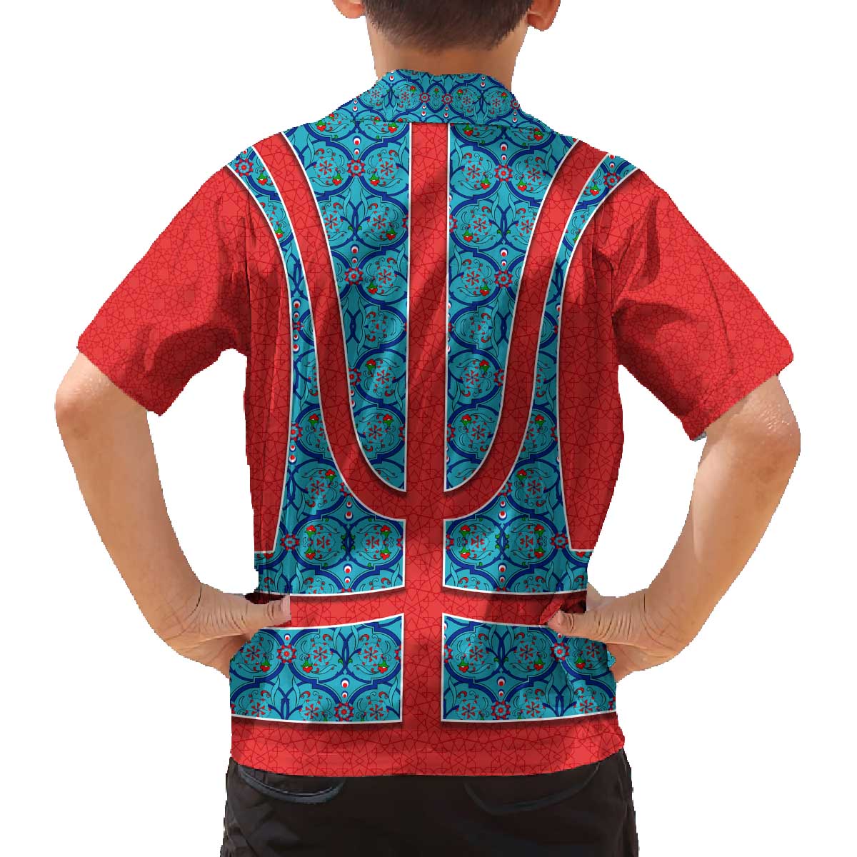 Blue Turkish Traditional Pattern and Red Family Matching Off The Shoulder Long Sleeve Dress and Hawaiian Shirt with National Flag Emblem