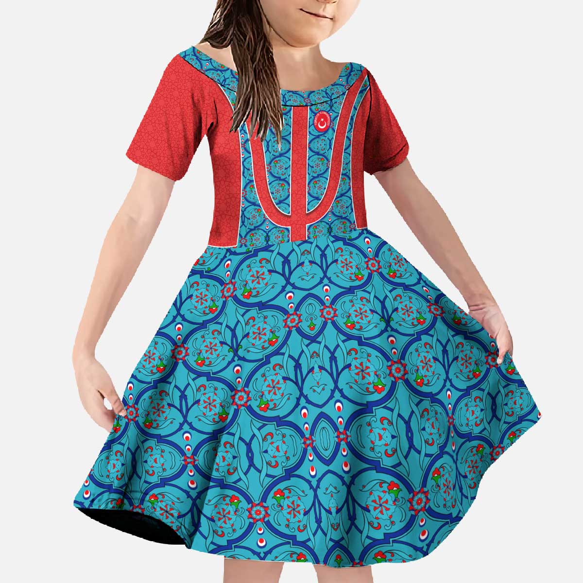 Blue Turkish Traditional Pattern and Red Family Matching Off The Shoulder Long Sleeve Dress and Hawaiian Shirt with National Flag Emblem