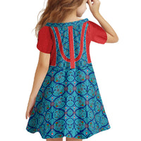 Blue Turkish Traditional Pattern and Red Family Matching Off The Shoulder Long Sleeve Dress and Hawaiian Shirt with National Flag Emblem