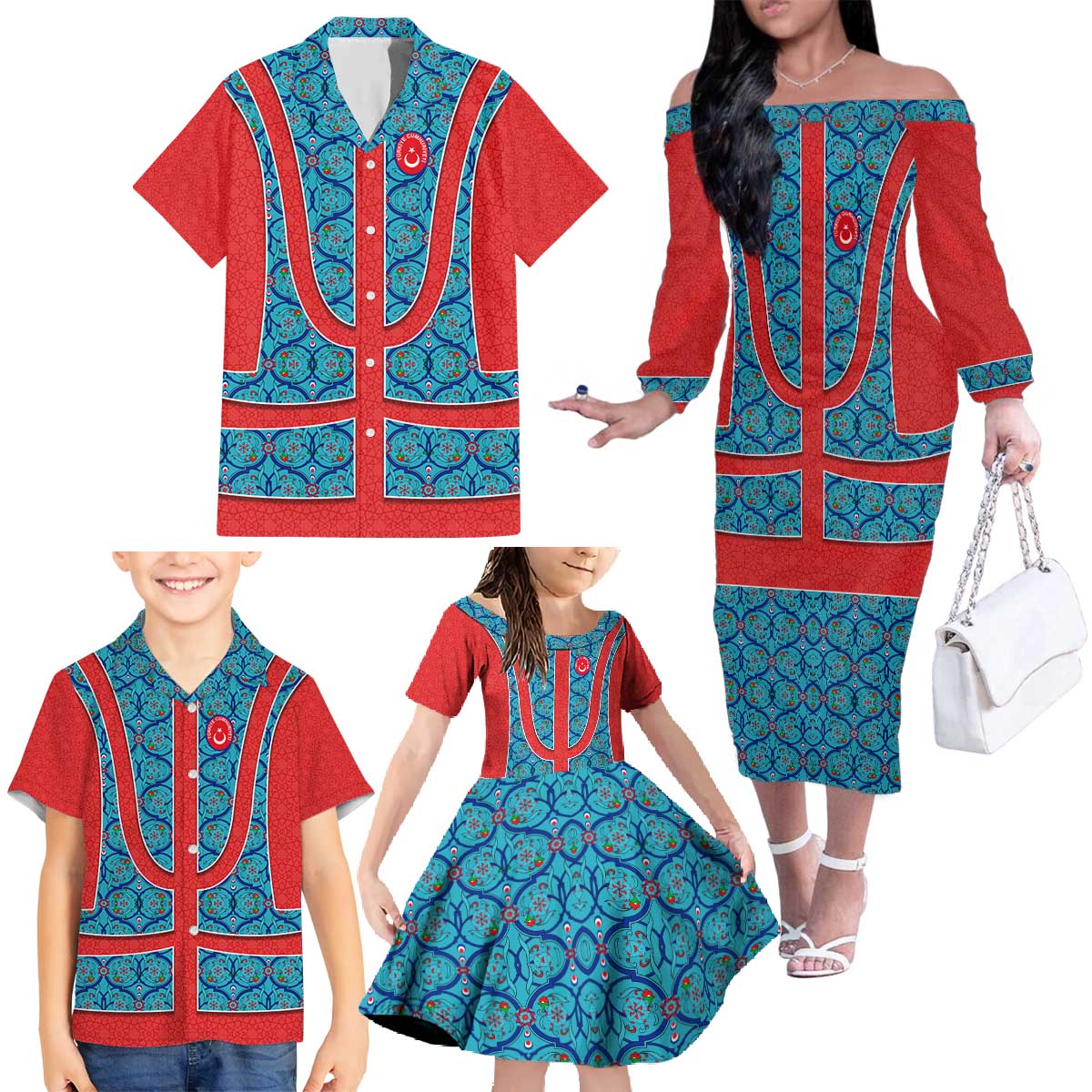 Blue Turkish Traditional Pattern and Red Family Matching Off The Shoulder Long Sleeve Dress and Hawaiian Shirt with National Flag Emblem