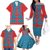 Blue Turkish Traditional Pattern and Red Family Matching Off The Shoulder Long Sleeve Dress and Hawaiian Shirt with National Flag Emblem