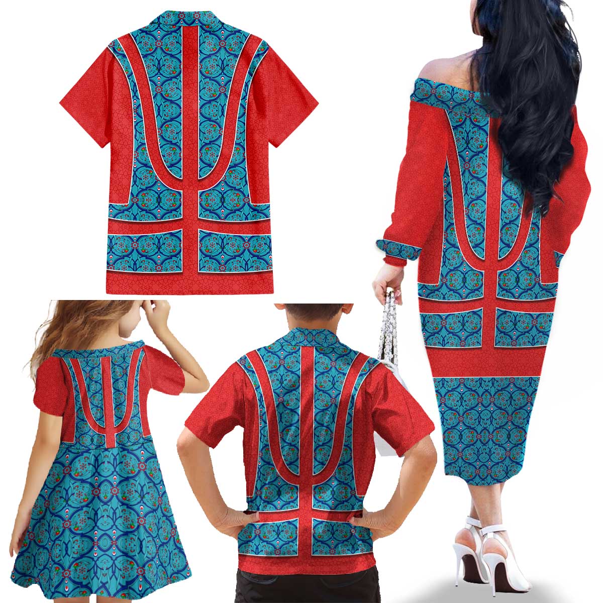 Blue Turkish Traditional Pattern and Red Family Matching Off The Shoulder Long Sleeve Dress and Hawaiian Shirt with National Flag Emblem