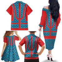 Blue Turkish Traditional Pattern and Red Family Matching Off The Shoulder Long Sleeve Dress and Hawaiian Shirt with National Flag Emblem