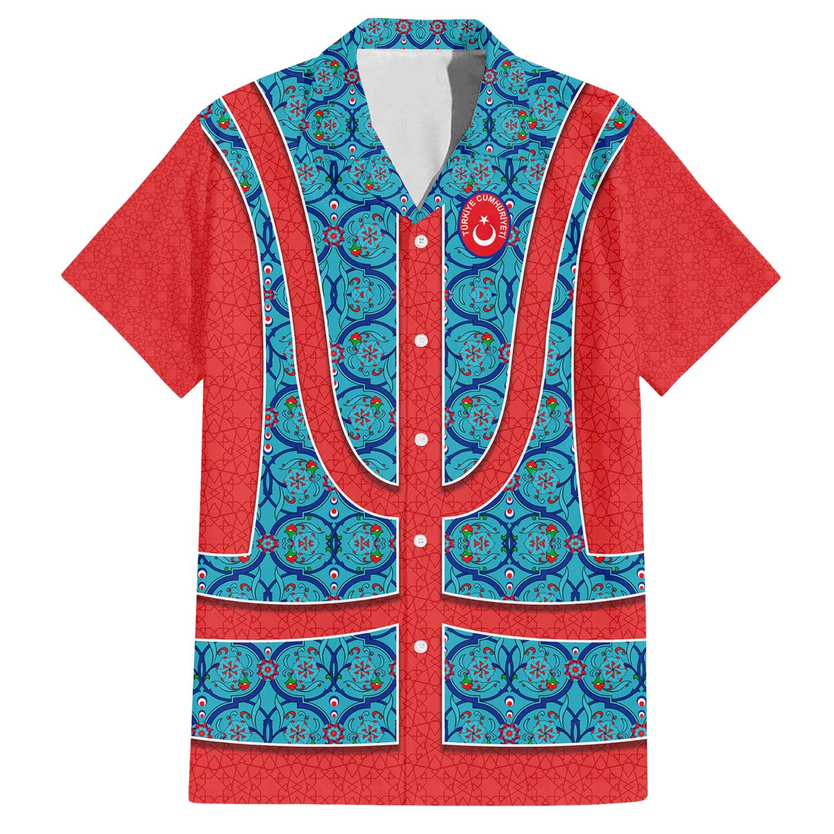 Blue Turkish Traditional Pattern and Red Family Matching Off The Shoulder Long Sleeve Dress and Hawaiian Shirt with National Flag Emblem