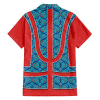 Blue Turkish Traditional Pattern and Red Family Matching Off The Shoulder Long Sleeve Dress and Hawaiian Shirt with National Flag Emblem
