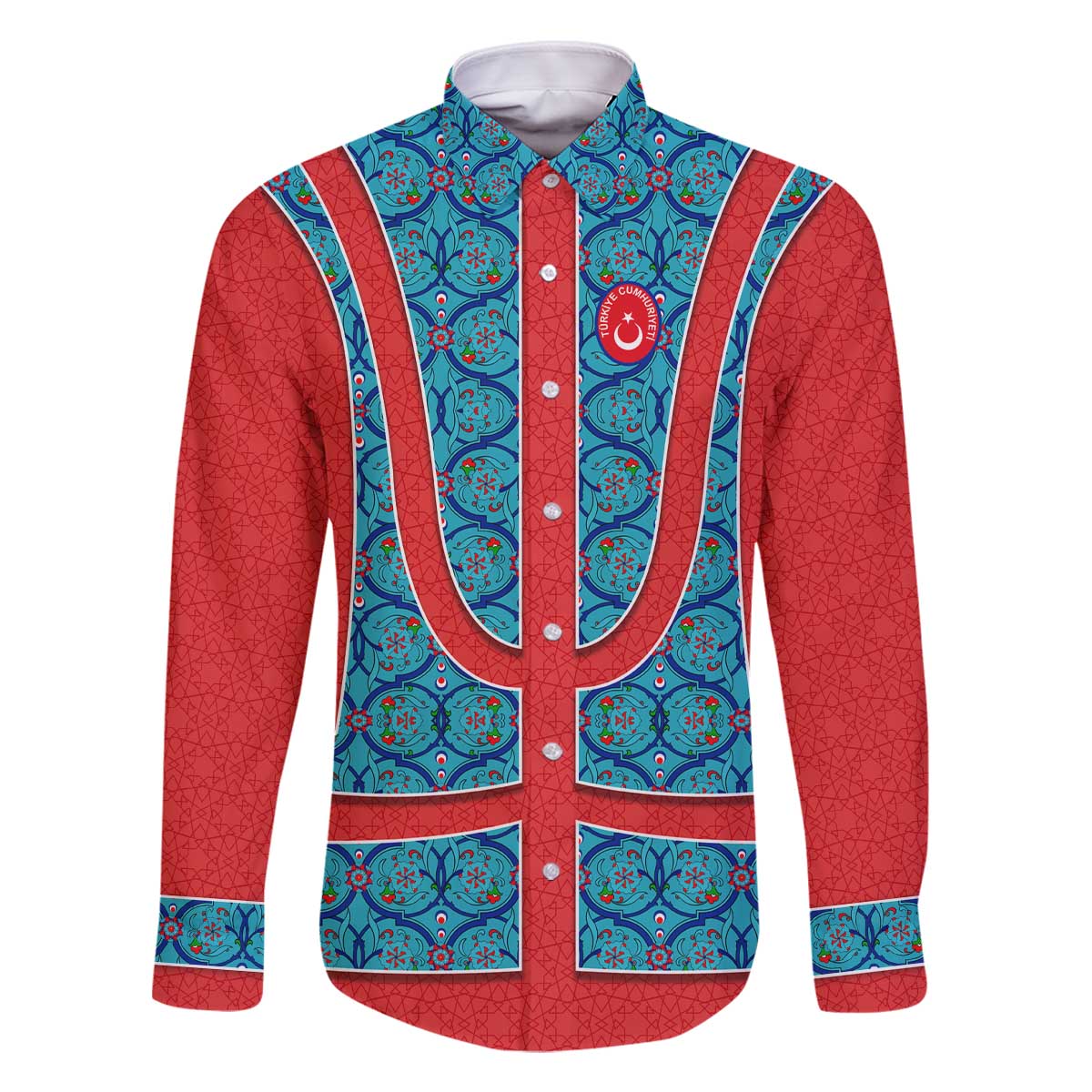 Blue Turkish Traditional Pattern and Red Family Matching Off The Shoulder Long Sleeve Dress and Hawaiian Shirt with National Flag Emblem