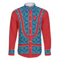 Blue Turkish Traditional Pattern and Red Family Matching Off The Shoulder Long Sleeve Dress and Hawaiian Shirt with National Flag Emblem