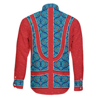 Blue Turkish Traditional Pattern and Red Family Matching Off The Shoulder Long Sleeve Dress and Hawaiian Shirt with National Flag Emblem