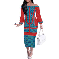 Blue Turkish Traditional Pattern and Red Family Matching Off The Shoulder Long Sleeve Dress and Hawaiian Shirt with National Flag Emblem