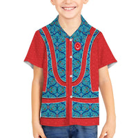 Blue Turkish Traditional Pattern and Red Family Matching Off The Shoulder Long Sleeve Dress and Hawaiian Shirt with National Flag Emblem