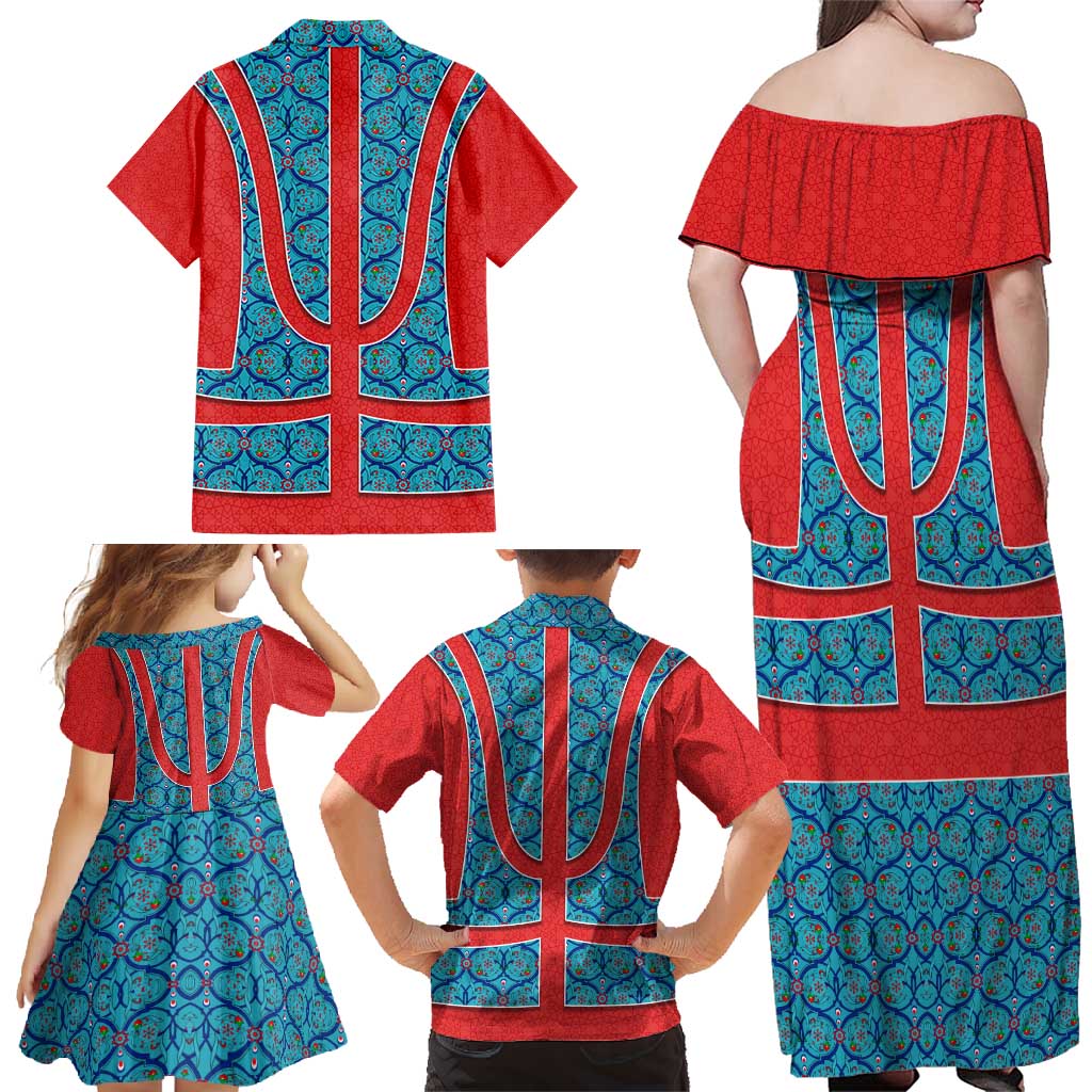 Blue Turkish Traditional Pattern and Red Family Matching Off Shoulder Maxi Dress and Hawaiian Shirt with National Flag Emblem