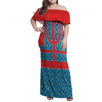 Blue Turkish Traditional Pattern and Red Family Matching Off Shoulder Maxi Dress and Hawaiian Shirt with National Flag Emblem