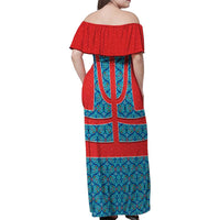 Blue Turkish Traditional Pattern and Red Family Matching Off Shoulder Maxi Dress and Hawaiian Shirt with National Flag Emblem