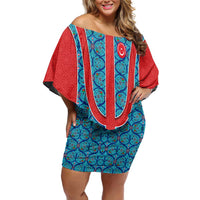 Blue Turkish Traditional Pattern and Red Family Matching Off Shoulder Short Dress and Hawaiian Shirt with National Flag Emblem