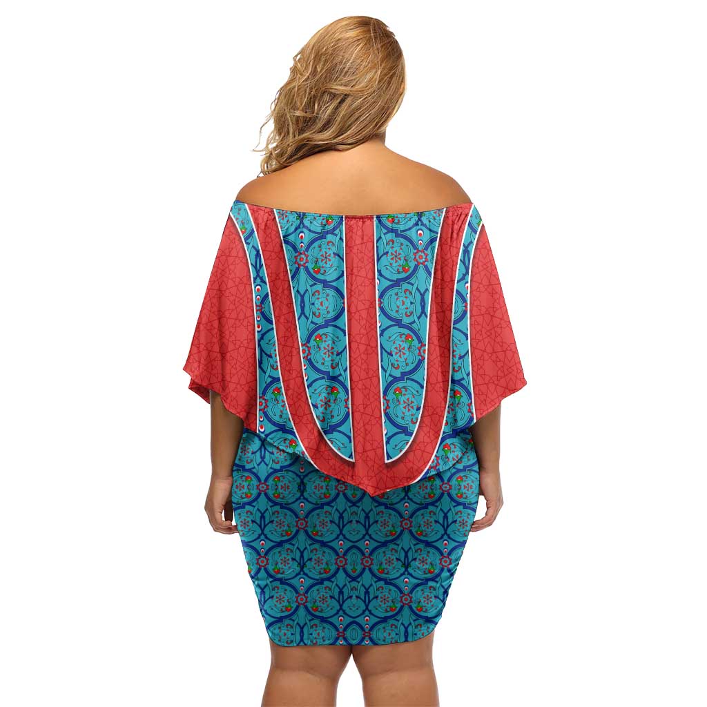 Blue Turkish Traditional Pattern and Red Family Matching Off Shoulder Short Dress and Hawaiian Shirt with National Flag Emblem