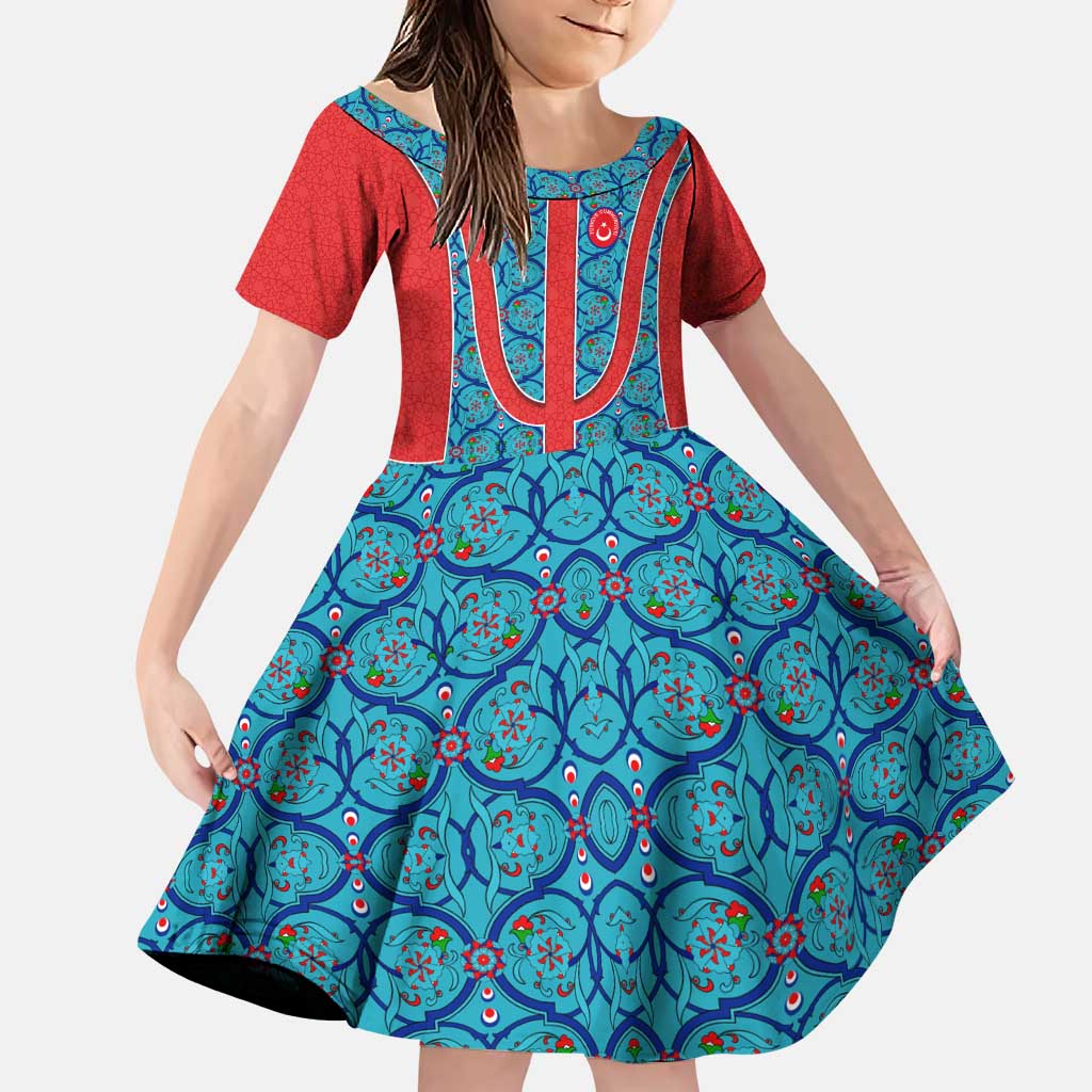 Blue Turkish Traditional Pattern and Red Family Matching Puletasi and Hawaiian Shirt with National Flag Emblem