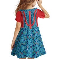 Blue Turkish Traditional Pattern and Red Family Matching Puletasi and Hawaiian Shirt with National Flag Emblem