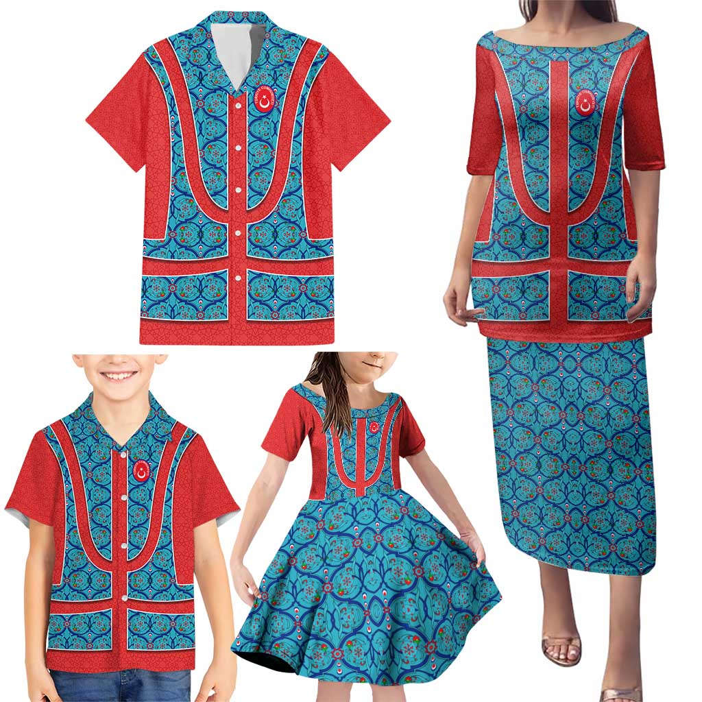 Blue Turkish Traditional Pattern and Red Family Matching Puletasi and Hawaiian Shirt with National Flag Emblem