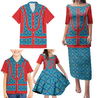 Blue Turkish Traditional Pattern and Red Family Matching Puletasi and Hawaiian Shirt with National Flag Emblem