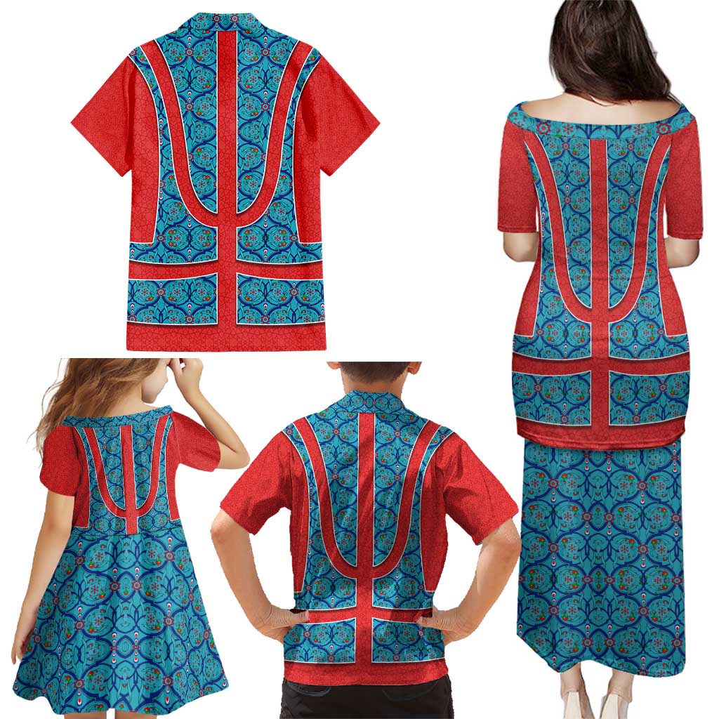 Blue Turkish Traditional Pattern and Red Family Matching Puletasi and Hawaiian Shirt with National Flag Emblem