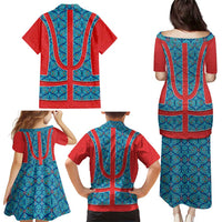Blue Turkish Traditional Pattern and Red Family Matching Puletasi and Hawaiian Shirt with National Flag Emblem