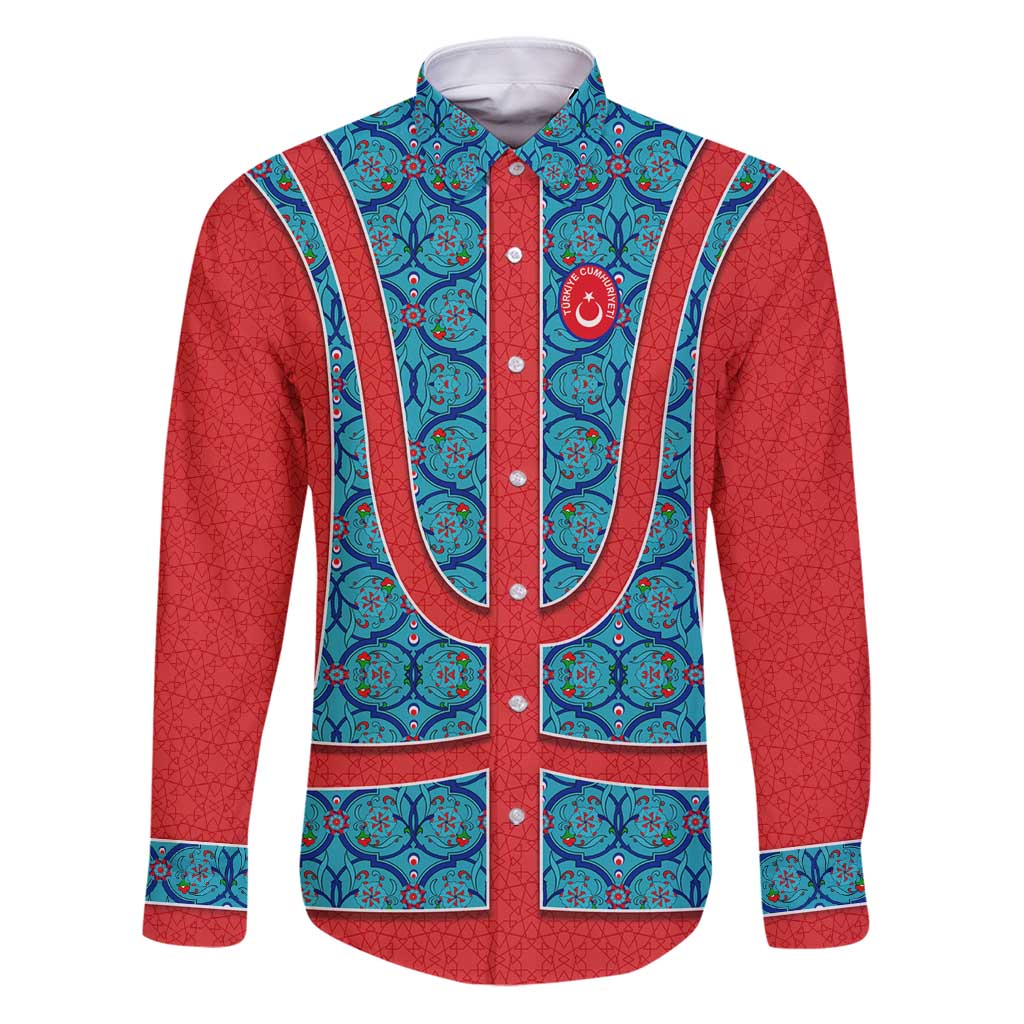 Blue Turkish Traditional Pattern and Red Family Matching Puletasi and Hawaiian Shirt with National Flag Emblem