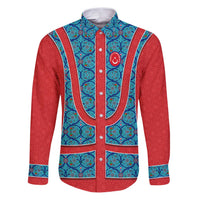Blue Turkish Traditional Pattern and Red Family Matching Puletasi and Hawaiian Shirt with National Flag Emblem