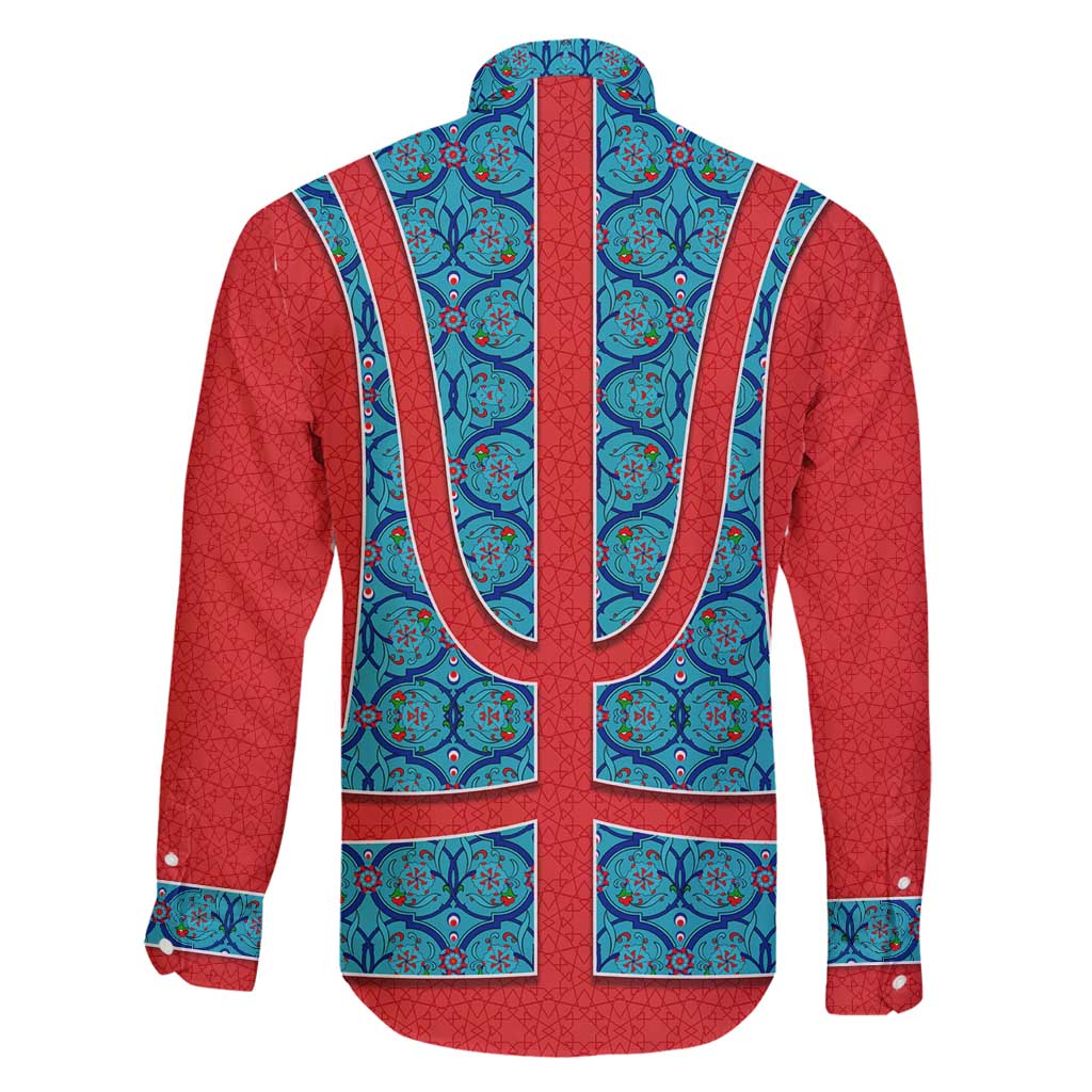Blue Turkish Traditional Pattern and Red Family Matching Puletasi and Hawaiian Shirt with National Flag Emblem