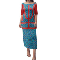 Blue Turkish Traditional Pattern and Red Family Matching Puletasi and Hawaiian Shirt with National Flag Emblem
