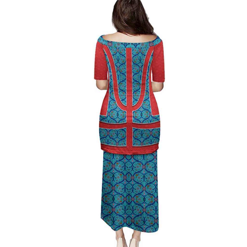 Blue Turkish Traditional Pattern and Red Family Matching Puletasi and Hawaiian Shirt with National Flag Emblem