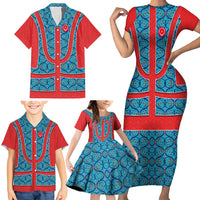 Blue Turkish Traditional Pattern and Red Family Matching Short Sleeve Bodycon Dress and Hawaiian Shirt with National Flag Emblem
