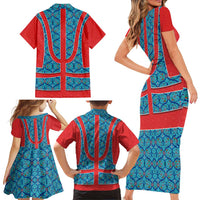 Blue Turkish Traditional Pattern and Red Family Matching Short Sleeve Bodycon Dress and Hawaiian Shirt with National Flag Emblem