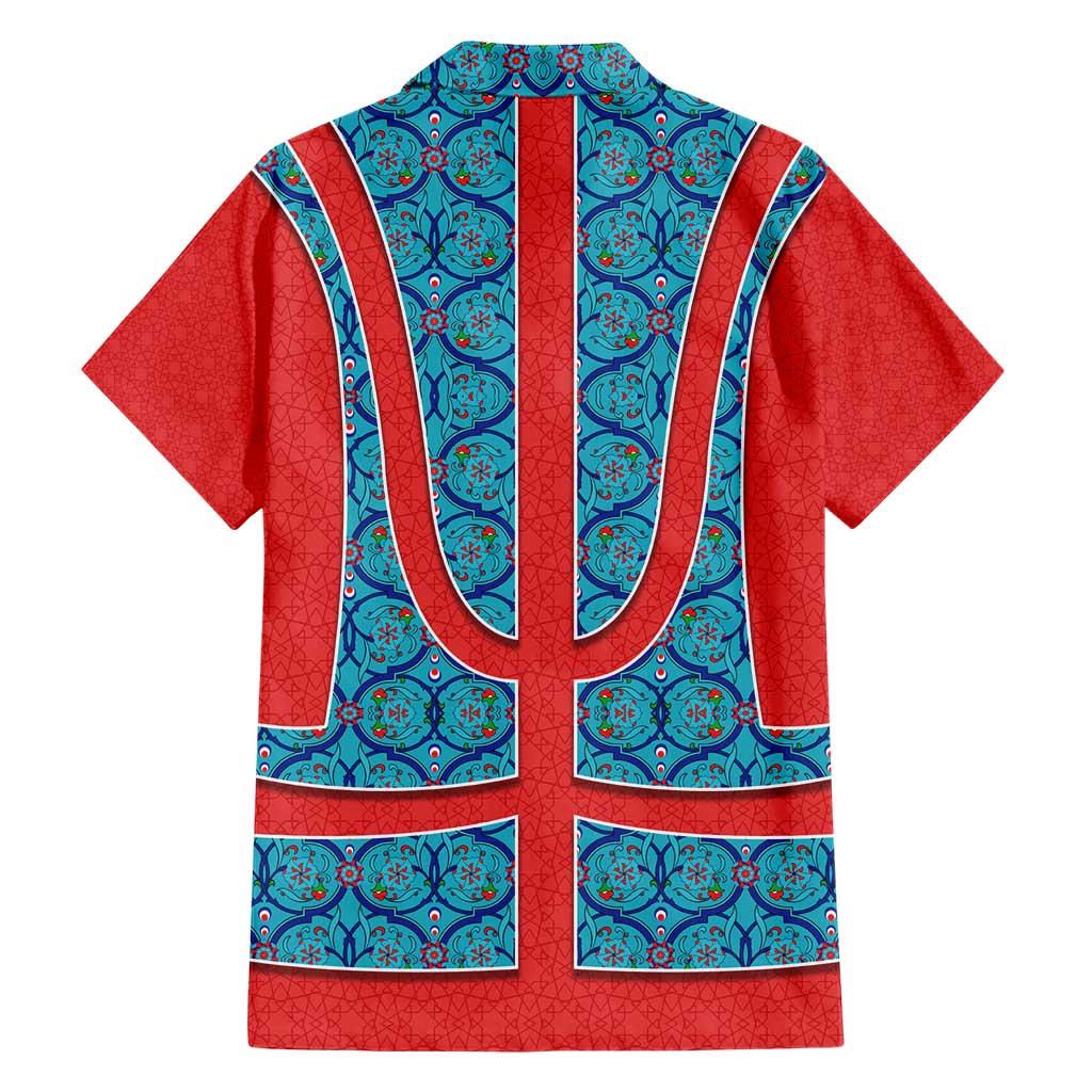 Blue Turkish Traditional Pattern and Red Family Matching Short Sleeve Bodycon Dress and Hawaiian Shirt with National Flag Emblem