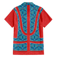 Blue Turkish Traditional Pattern and Red Family Matching Short Sleeve Bodycon Dress and Hawaiian Shirt with National Flag Emblem