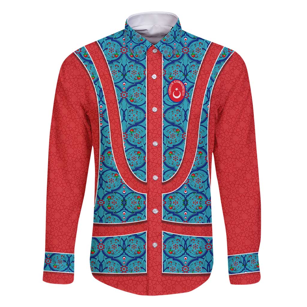 Blue Turkish Traditional Pattern and Red Family Matching Short Sleeve Bodycon Dress and Hawaiian Shirt with National Flag Emblem