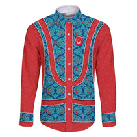 Blue Turkish Traditional Pattern and Red Family Matching Short Sleeve Bodycon Dress and Hawaiian Shirt with National Flag Emblem