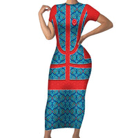 Blue Turkish Traditional Pattern and Red Family Matching Short Sleeve Bodycon Dress and Hawaiian Shirt with National Flag Emblem