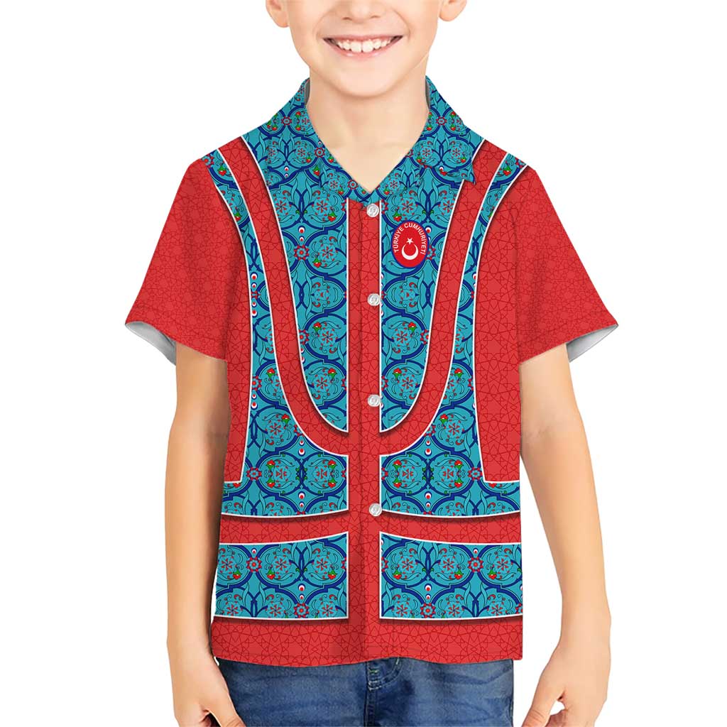 Blue Turkish Traditional Pattern and Red Family Matching Short Sleeve Bodycon Dress and Hawaiian Shirt with National Flag Emblem