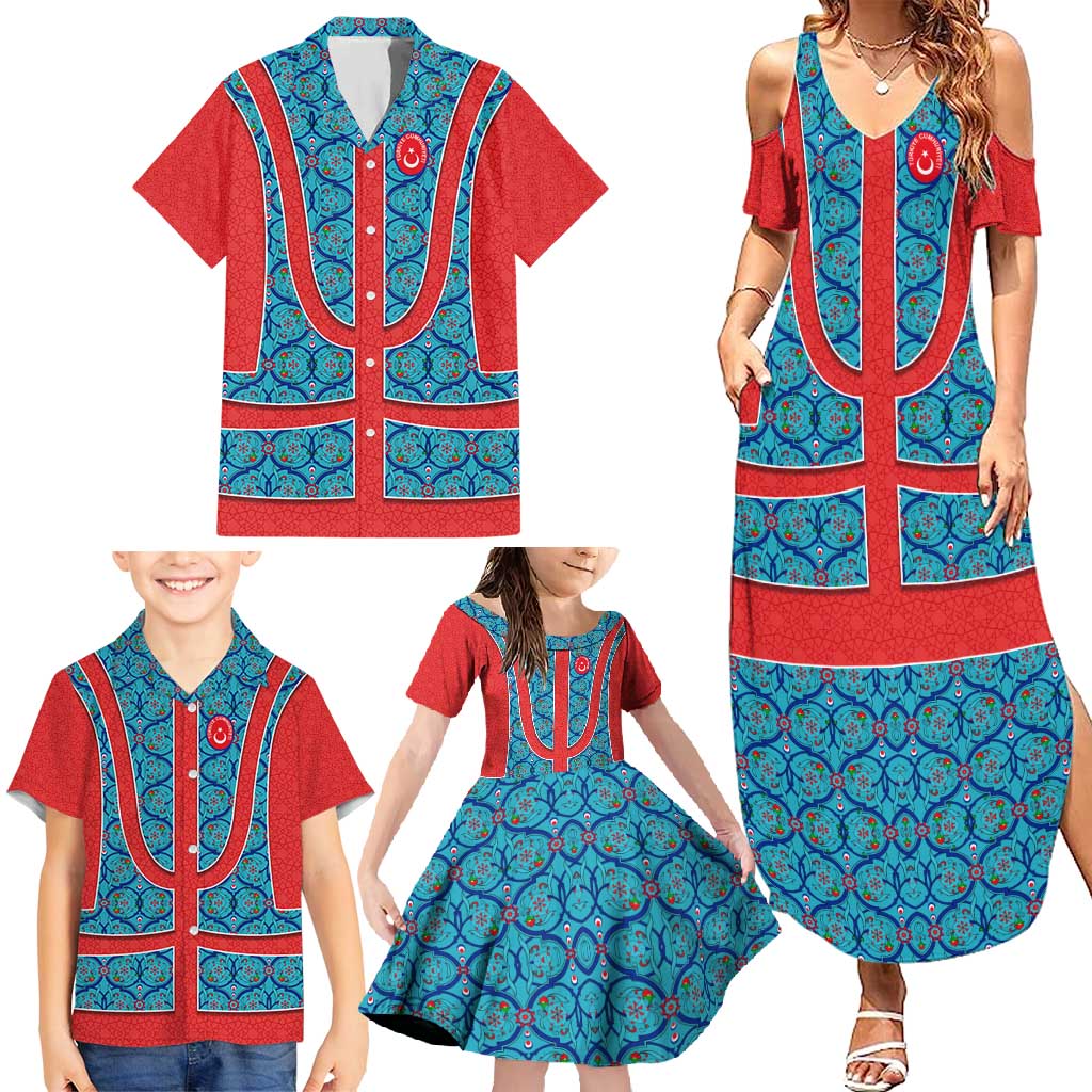 Blue Turkish Traditional Pattern and Red Family Matching Summer Maxi Dress and Hawaiian Shirt with National Flag Emblem