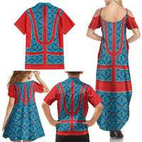 Blue Turkish Traditional Pattern and Red Family Matching Summer Maxi Dress and Hawaiian Shirt with National Flag Emblem