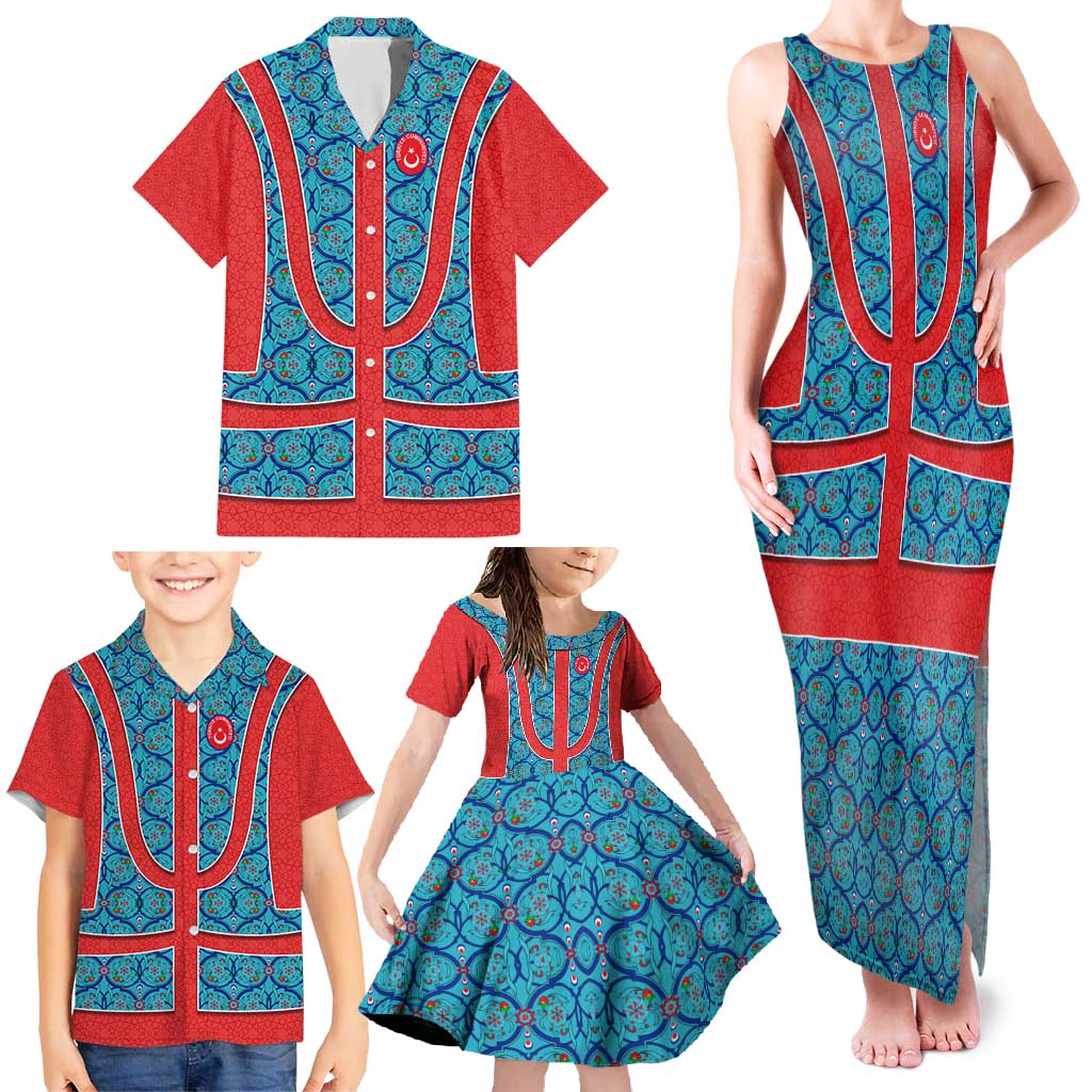 Blue Turkish Traditional Pattern and Red Family Matching Tank Maxi Dress and Hawaiian Shirt with National Flag Emblem