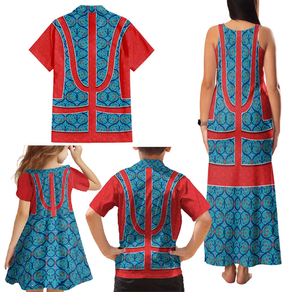 Blue Turkish Traditional Pattern and Red Family Matching Tank Maxi Dress and Hawaiian Shirt with National Flag Emblem