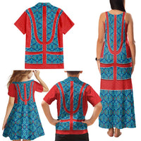 Blue Turkish Traditional Pattern and Red Family Matching Tank Maxi Dress and Hawaiian Shirt with National Flag Emblem