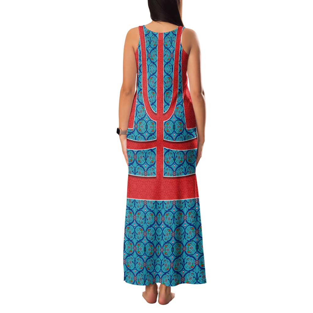 Blue Turkish Traditional Pattern and Red Family Matching Tank Maxi Dress and Hawaiian Shirt with National Flag Emblem