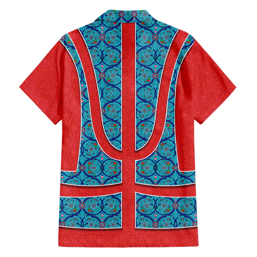Blue Turkish Traditional Pattern and Red Hawaiian Shirt with National Flag Emblem