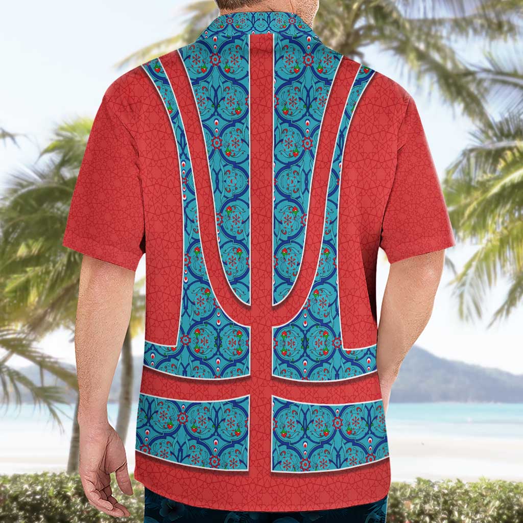 Blue Turkish Traditional Pattern and Red Hawaiian Shirt with National Flag Emblem
