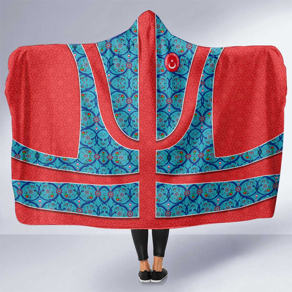 Blue Turkish Traditional Pattern and Red Hooded Blanket with National Flag Emblem