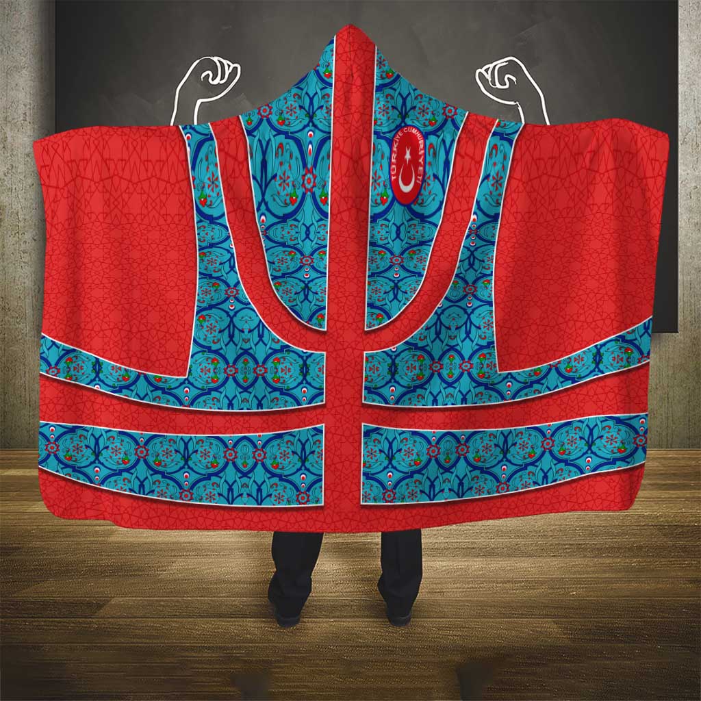 Blue Turkish Traditional Pattern and Red Hooded Blanket with National Flag Emblem