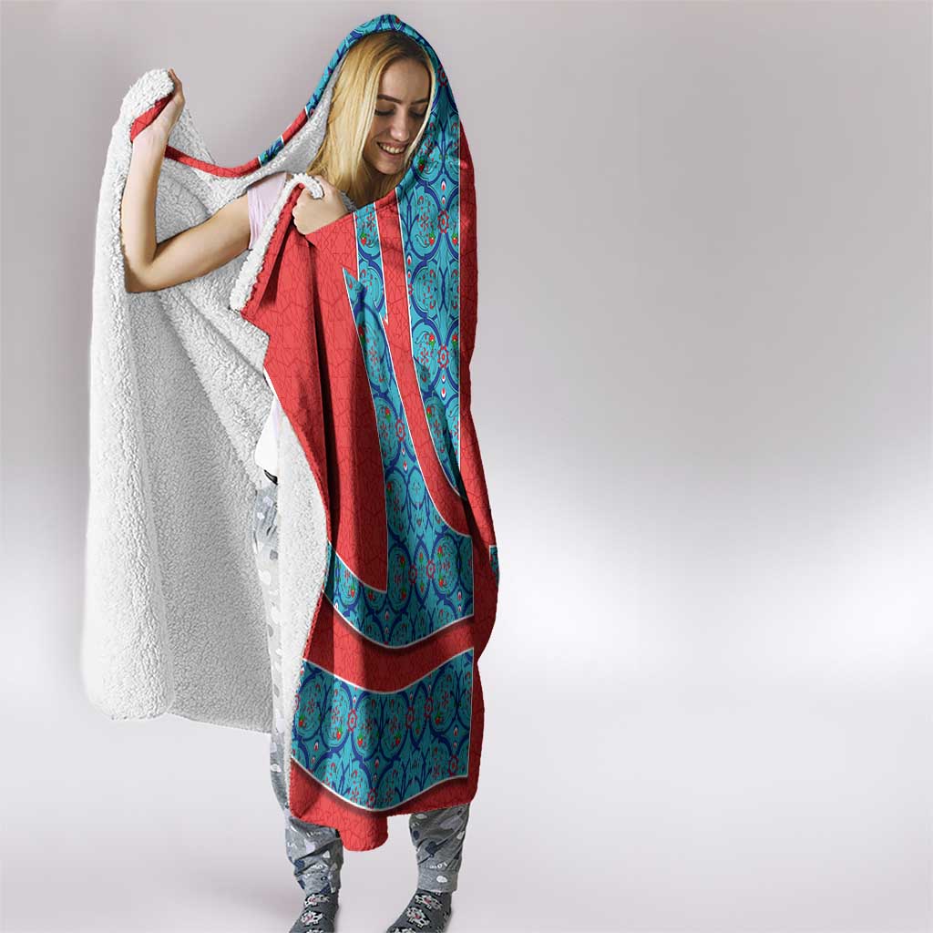 Blue Turkish Traditional Pattern and Red Hooded Blanket with National Flag Emblem